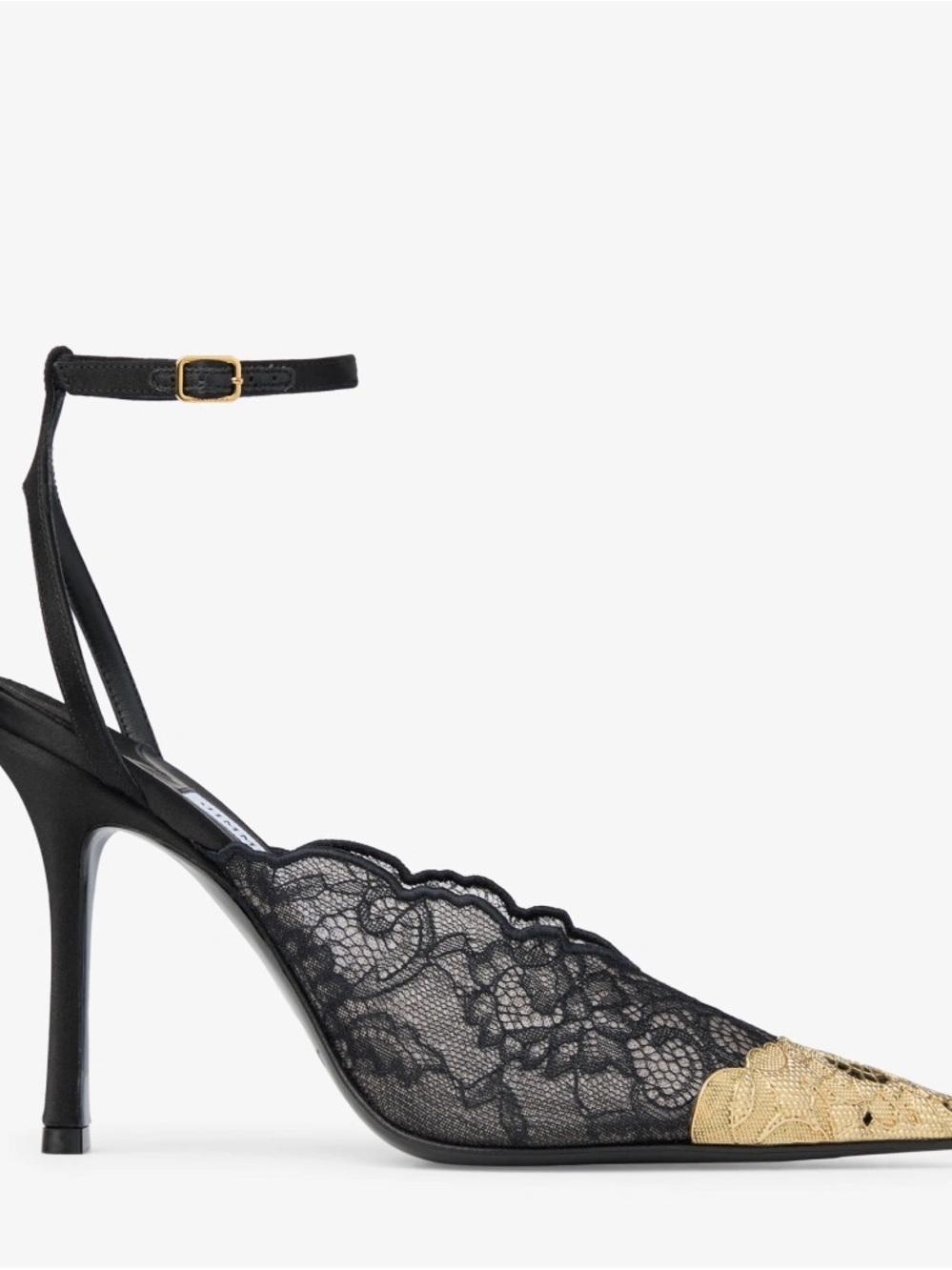 Jimmy Choo Black Lace Pointed Pumps with Gold Cap-Toe & Ankle Strap - Picture 3 of 3